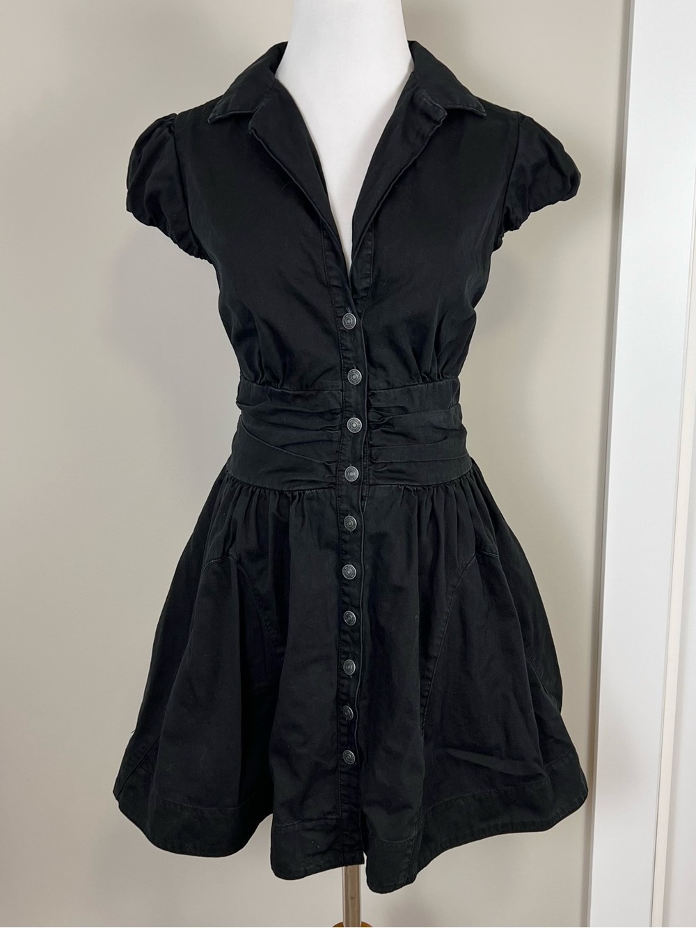 Free People Black Button Front Fit & Flare Mini Dress